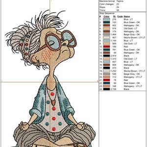 Production worksheet for the Meditating Grandma machine embroidery design showing stitch count, design dimensions, color sequence, hoop size, and embroidery production details
