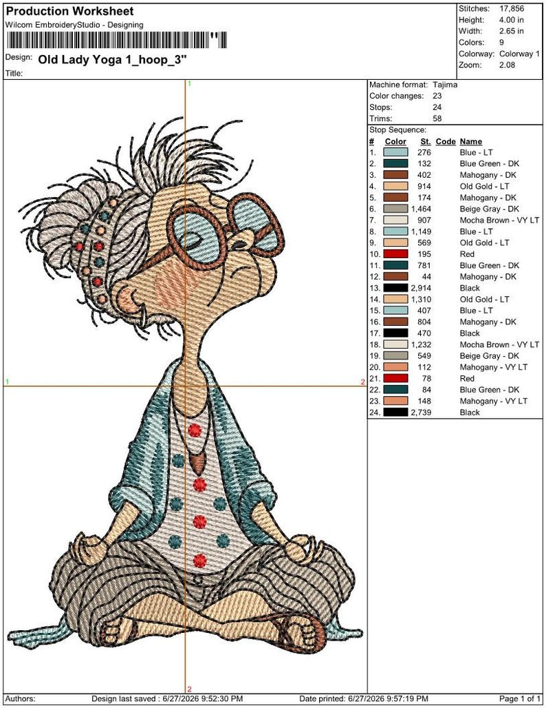 Production worksheet for the Meditating Grandma machine embroidery design showing stitch count, design dimensions, color sequence, hoop size, and embroidery production details