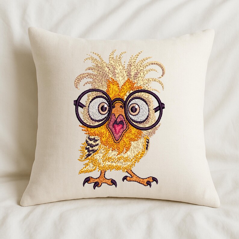 Cream-colored pillow featuring cute owl embroidery design with large glasses, placed on a soft bed – perfect for cozy home decor or nursery gifts in the USA and Europe.