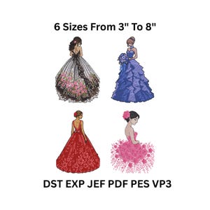 May include: Four embroidered dress designs. The dresses are in various colors, including black, blue, and red. The text "6 Sizes From 3" To 8"" is at the top. The bottom text reads "DST EXP JEF PDF PES VP3".