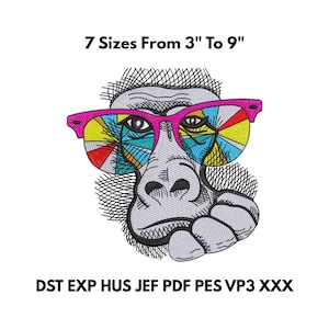 May include: An embroidered design of a gorilla wearing pink sunglasses with colorful lenses. The text above reads "7 Sizes From 3" To 9"", and below are file format abbreviations. This design is suitable for various embroidery projects.