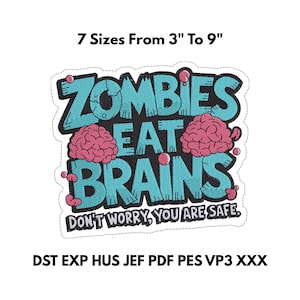May include: Embroidered patch with the text "ZOMBIES EAT BRAINS" in teal and black, featuring pink brain graphics. The patch is available in 7 sizes, ranging from 3 to 9 inches. The phrase "DON'T WORRY, YOU ARE SAFE" is also included.