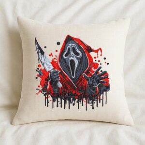 Ghost face horror embroidery design on white pillow – digital Halloween decor file for machine embroidery in 9 sizes, instant download