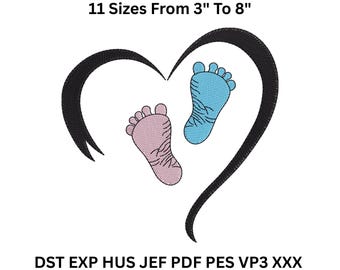 Diseño de bordado de huellas de bebé en forma de corazón: archivo digital de 11 tamaños para bordado a máquina