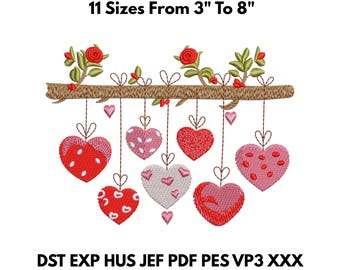 Hanging Heart Embroidery Design – 11 Sizes Valentine Digital File PES DST JEF