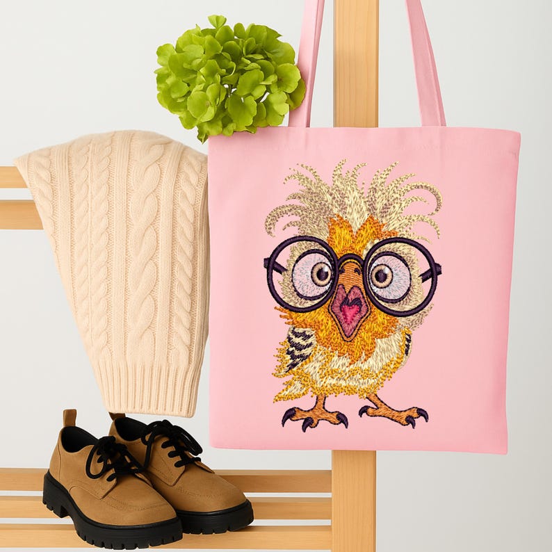 Pink tote bag featuring funny owl embroidery design with glasses, displayed with cream knit sweater, green flower, and brown shoes – great for fashion-forward embroidery lovers in the USA and Europe.