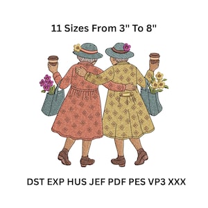 Op de afbeelding: Een borduurontwerp met twee oudere vrouwen die elkaar omarmen, hoeden en jurken dragen en koffiekopjes en boodschappentassen vasthouden. De tekst luidt "11 Maten Van 3" Tot 8" en "DST EXP HUS JEF PDF PES VP3 XXX".