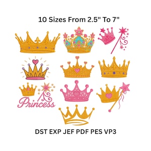 Puede incluir: Una colección de diez diseños de coronas bordadas en varios estilos y colores, de 6,35 cm a 17,78 cm de tamaño. Los diseños incluyen coronas doradas y rosas, una varita mágica y la palabra "Princess". Formatos de archivo: DST EXP JEF PDF PES VP3.