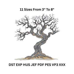 Könnte beinhalten: Ein gesticktes Baumdesign mit strukturiertem Stamm und Ästen. Das Design ist in 11 Größen von 7,6 cm bis 20,3 cm erhältlich. Das Bild enthält die Dateiformate: DST, EXP, HUS, JEF, PDF, PES, VP3 und XXX.