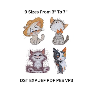 May include: Embroidered cat designs in various styles. The image shows four different cat illustrations, each with unique features and colors. Text at the top reads "9 Sizes From 3" To 7"", and at the bottom, it lists file formats.