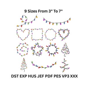 May include: A collection of Christmas light designs in various shapes, including hearts, stars, and circles. The text reads "9 Sizes From 3" To 7"" and lists file formats. The lights are colorful, with red, yellow, green, and blue bulbs.
