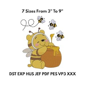 Arquivo de bordado de abelha e urso, molde digital para camiseta de bebê, 7 tamanhos de 3 a 9 polegadas