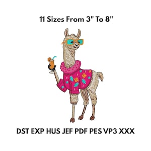 Könnte beinhalten: Ein Cartoon-Lama mit Sonnenbrille und rosa Pullover, das einen Cocktail hält. Der Text "11 Größen Von 7,6 cm Bis 20,3 cm" steht über dem Lama. Darunter die Dateitypen: DST EXP HUS JEF PDF PES VP3 XXX.