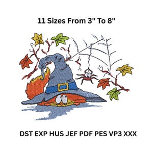 Halloween Cat Embroidery Design – Witch Hat, Spider, Fall Leaves – Machine Embroidery Files 11 Sizes