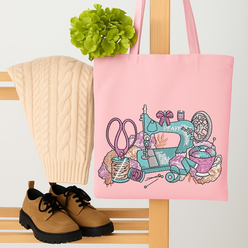 Pink tote bag with sewing machine embroidery design featuring scissors, thread spools, and craft details – digital download embroidery file for bags, DIY sewing projects, and personalized handmade accessories