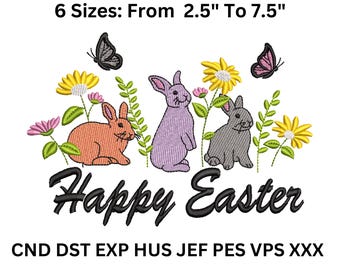 Happy Easter Bunny Embroidery Design - Spring Rabbits & Flowers 6 Sizes 2.5"-7.5"