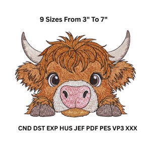 Highland Cow Embroidery Design - Baby Nursery Pattern (9 Sizes - 3-7 inch) (Digital Download)