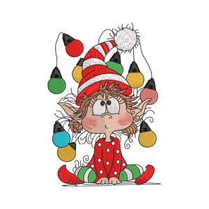 May include: An embroidery design of a cartoon elf with brown hair and pointed ears, wearing a red and white striped hat with a pom-pom and a red polka-dot shirt. The elf is surrounded by a string of colorful light bulbs in red, green, and yellow.