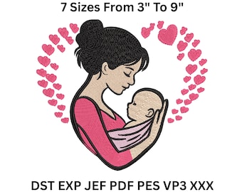 Mom and Baby Embroidery Design - Mother's Day Heart Pattern (3-9 inch) (Digital Download)