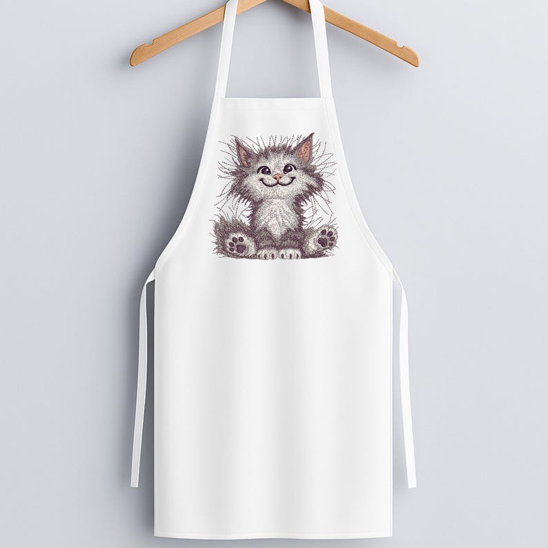 White kitchen apron with fluffy cat embroidery design hanging on wooden hanger, ideal for pet lovers, gift makers, and embroidery enthusiasts.