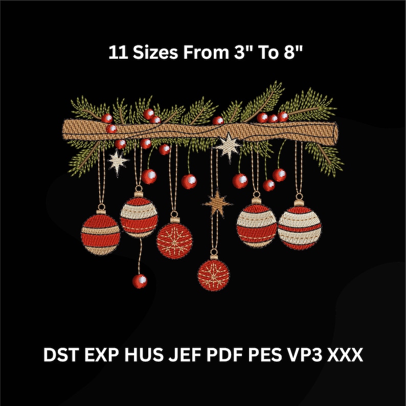 Christmas ornament embroidery design with red baubles, pine branch, and stars – digital file in 11 sizes for machine embroidery