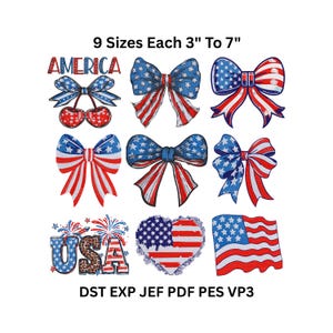 May include: A selection of patriotic designs, including bows, cherries, the word "AMERICA", a heart-shaped flag, and a waving flag. The designs are red, white, and blue, with sizes from 7.6 cm to 17.8 cm.