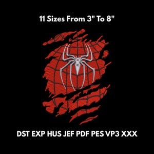 Pode incluir: Design bordado com uma teia de aranha e aranha em fundo preto. O design inclui o texto "11 Tamanhos De 7,6 cm a 20,3 cm" e abreviações de tipo de arquivo. A aranha é branca e a teia é vermelha. O design é adequado para vários projetos.
