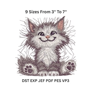 Könnte beinhalten: Gesticktes Design einer lächelnden Cartoon-Katze mit grauem und weißem Fell, die aufrecht sitzt. Das Design enthält den Text "9 Größen Von 7.6 cm Bis 17.8 cm" und "DST EXP JEF PDF PES VP3".