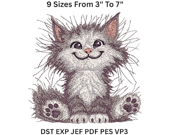 Fluffy Cat Embroidery Design 3&quot; to 7&quot; Hoop Sizes | Cute Smiling Kitten Machine File for Baby Clothes, Quilts, Gifts | DST PES PDF