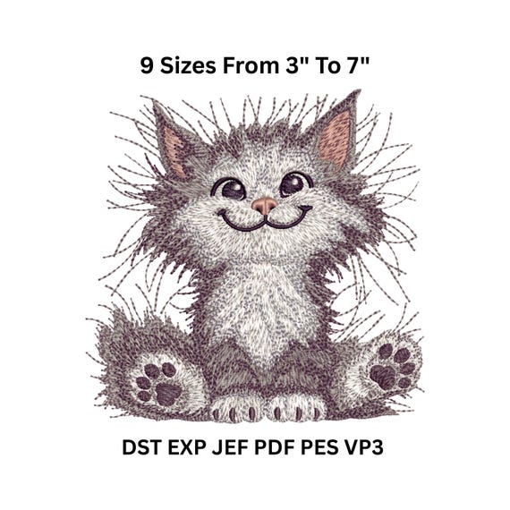 Fluffy Smiling Cat Embroidery Design | Kitten Digital Machine File - 9 Sizes (PES, JEF, PDF)