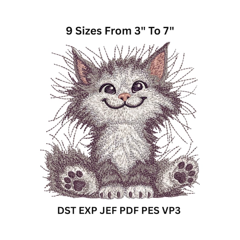 Adorable fluffy cat embroidery design in 9 sizes from 3" to 7", perfect for baby gifts, quilts, kids clothes, and pet lovers. Includes DST, PES, VP3, PDF, EXP, and JEF digital formats.