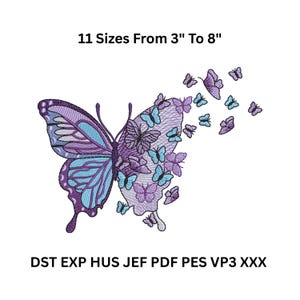 Może przedstawiać: Haftowany wzór motyla w odcieniach fioletu i niebieskiego. Projekt zawiera tekst "11 Rozmiarów Od 7,6 cm Do 20,3 cm" oraz skróty typów plików. Motyl jest na białym tle.