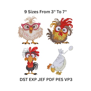 May include: Four embroidered chicken designs in various colors. One chicken wears pink glasses. The text at the top reads "9 Sizes From 3" To 7"" and the text at the bottom reads "DST EXP JEF PDF PES VP3".