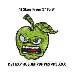 Könnte beinhalten: Ein grüner Apfel mit einem wütenden Gesicht. Der Apfel hat einen Stiel und ein Blatt. Der Text oben lautet "11 Größen Von 3" Bis 8"" und unten "DST EXP HUS JEF PDF PES VP3 XXX".