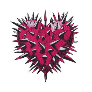 May include: An embroidered patch featuring a heart shape in shades of dark pink and magenta. The heart is covered in numerous sharp, pointed spikes in black, white, and grey, creating a textured appearance with visible stitching throughout the design.