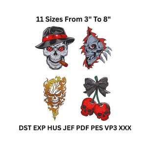 May include: Four embroidered skull designs in various styles. One skull wears a fedora and smokes a cigar. Another skull appears to be breaking through a surface. The image includes the text "11 Sizes From 7.6cm To 20.3cm" and file type abbreviations.