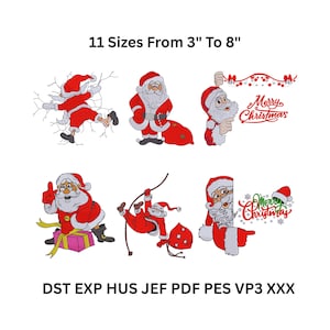 May include: A collection of Christmas-themed embroidery designs featuring Santa Claus in various poses. The designs include Santa with a gift, climbing, and peeking out. The text "Merry Christmas" is also included. The designs range from 3 to 8 inches in size.