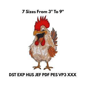 May include: An embroidered design of a cartoon rooster with a red comb and wattle, open beak, and detailed feathers. The text above reads "7 Sizes From 3" To 9"", and below are file format abbreviations.