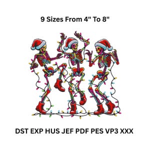 Skeleton Christmas Embroidery Design – 9 Sizes – Santa Hat Lights – Digital Machine File DST PES JEF