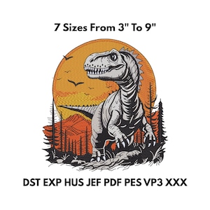 May include: Embroidered design featuring a dinosaur in a landscape with a sunset background. The design is available in 7 sizes, ranging from 3 to 9 inches. The image includes the text "7 Sizes From 3" To 9"" and file type abbreviations.