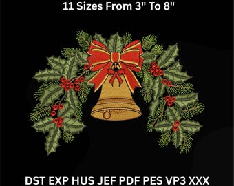 Christmas Bell Embroidery Design – Holly Wreath – 11 Sizes – DST PES JEF