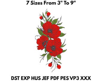 May include: An embroidered design of three red poppies with green leaves and buds. The text "7 Sizes From 3" To 9"" is above the floral design. Below the design are the file formats: DST EXP HUS JEF PDF PES VP3 XXX.
