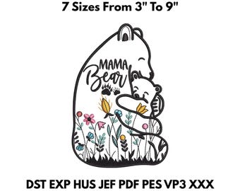 Mama Bear Embroidery Design with Cub and Flowers – 3-9 Inch Hug Machine Embroidery File