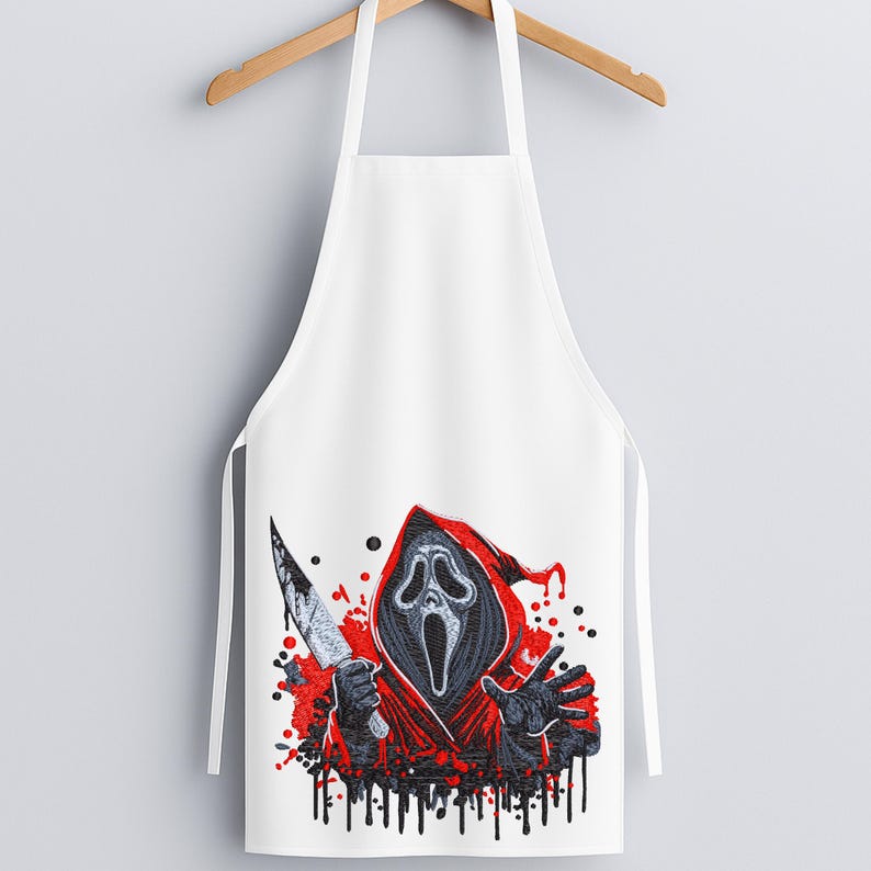 Ghost face horror embroidery design stitched on a white apron – Halloween digital machine embroidery file in 9 sizes, instant download