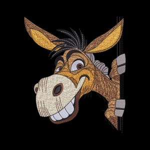 May include: An embroidery design featuring a brown donkey with large ears, a black mane, and a wide, toothy grin. The donkey is depicted peeking out from behind a vertical edge, showing its head, neck, and one front hoof against a black background.