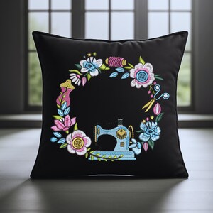 Colorful floral embroidery frame with sewing machine stitched on black throw pillow. Showcased in a home interior mockup. Ideal for custom decor, embroidery projects, and handmade gifts