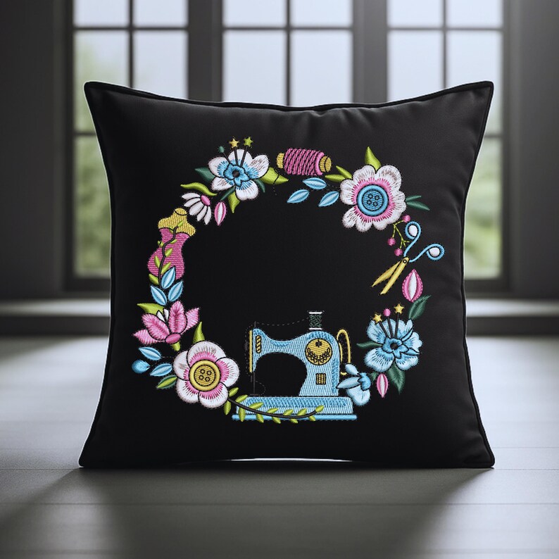 Colorful floral embroidery frame with sewing machine stitched on black throw pillow. Showcased in a home interior mockup. Ideal for custom decor, embroidery projects, and handmade gifts
