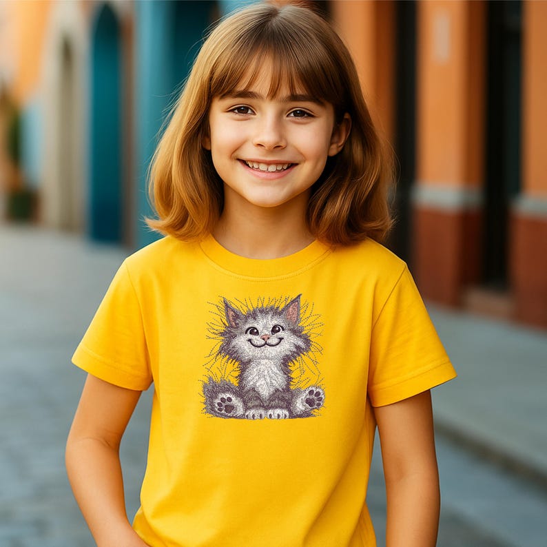 Smiling girl wearing yellow t-shirt with cute cat embroidery design, perfect for kids clothing, baby gifts, and DIY embroidery projects.