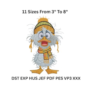 May include: An embroidered design of a cartoon duck wearing a yellow and green knit cap and scarf. The duck has a surprised expression and is approximately 3 to 8 inches in size. The text "11 Sizes From 3" To 8"" is above the duck.