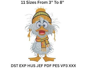 Winter Duck Embroidery Design: Cartoon Duck in Hat & Scarf (3-8 inch) (Digital Download)